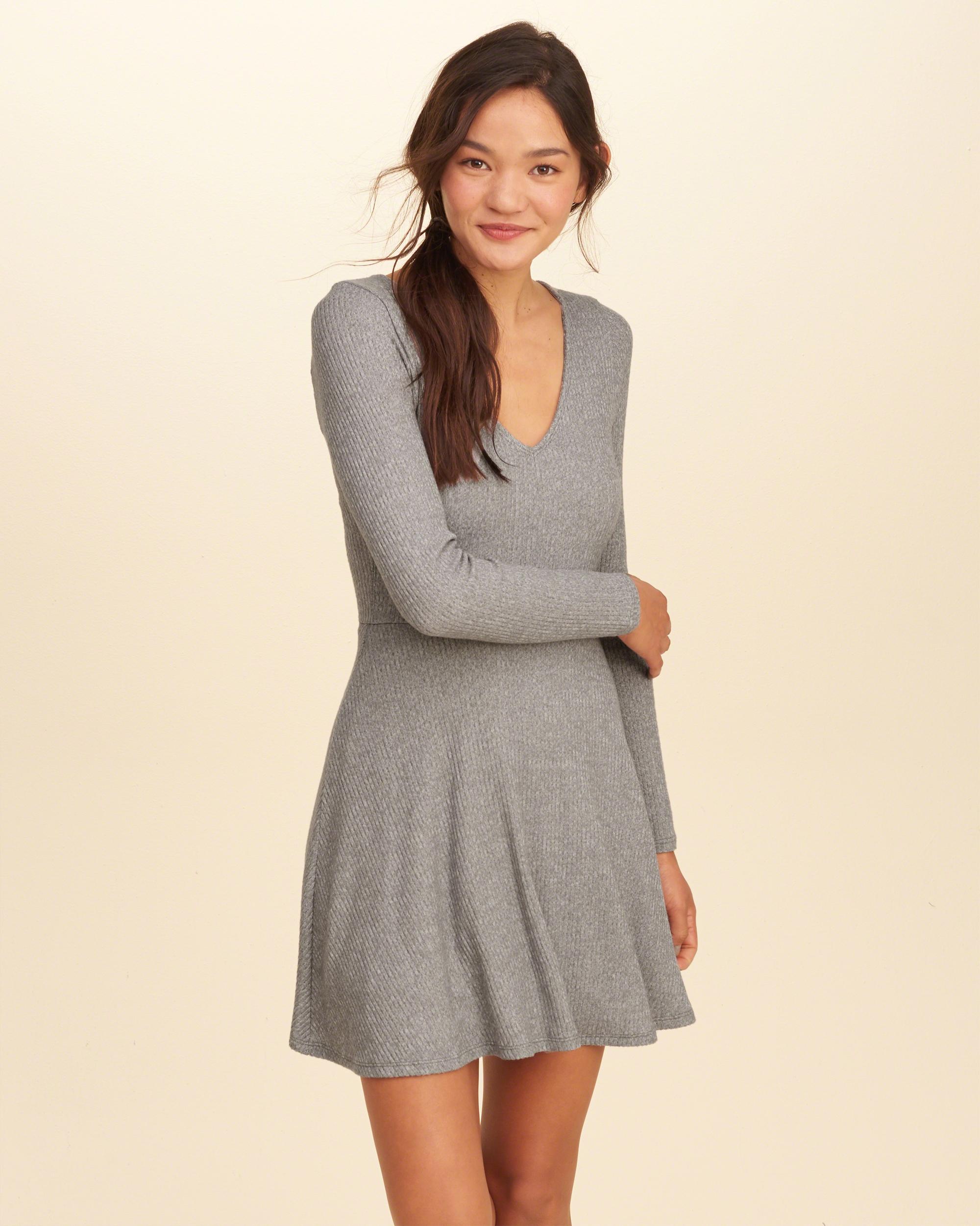 Lyst Hollister Longsleeve Ribbed Skater Dress in Gray